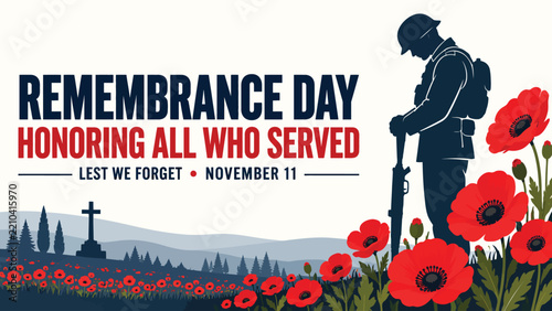 Remembrance Day Vector Banner with Soldier Silhouette, Red Poppy Field, Lest We Forget Memorial Graphic