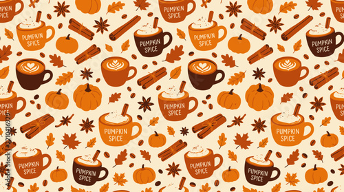 Autumnal Pumpkin Spice Latte Pattern with Fall Leaves and Cinnamon Sticks.
