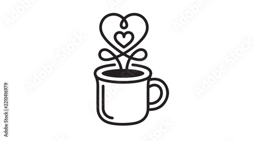 Minimalist vector graphic illustration of coffee cup with heart shaped steam for romantic design concepts