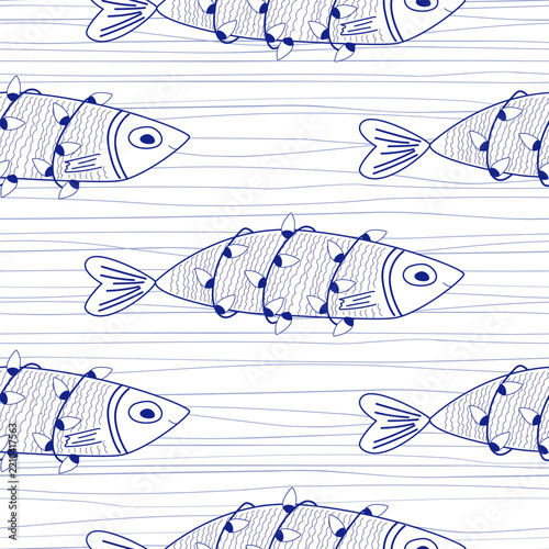Seamless Pattern of funny Sardines wrapped in Christmas lights. Holiday fish shoal background, vector illustration.