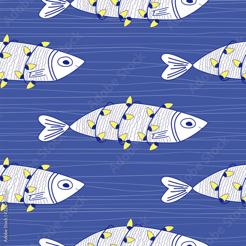 Seamless Pattern of funny Sardines wrapped in Christmas lights. Holiday fish shoal background, vector illustration.