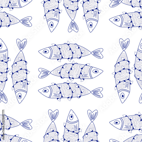 Seamless Pattern of funny Sardines wrapped in Christmas lights. Holiday fish background, vector illustration.