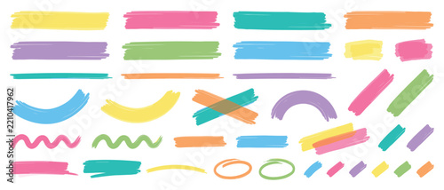 Colorful brush highlighter swatch set. Rough marker stripes, paint streaks, curved swooshes, wavy underlines, crossed tape strips, rainbow arc and circle scribbles in yellow, pink, teal, purple.