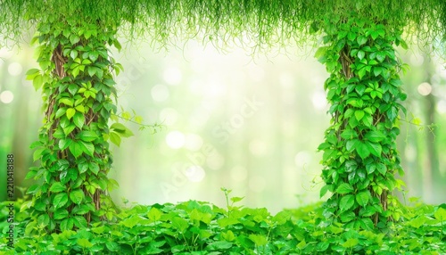 Green ivy vines framing blurred forest background.