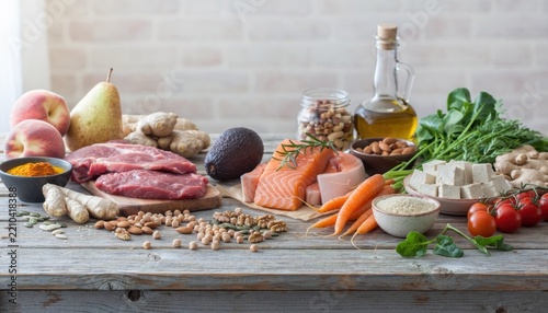 Healthy fresh food ingredients on rustic wooden table