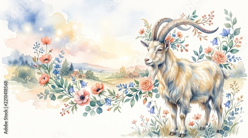 Goat standing amidst flowers in a serene landscape illustration  