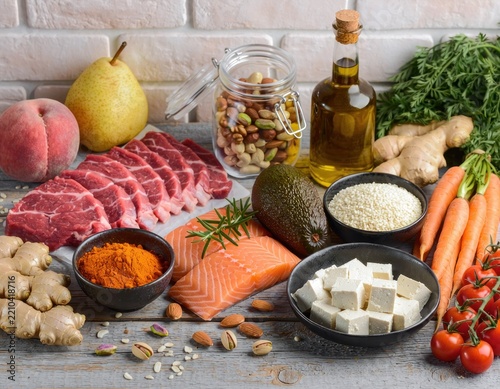 Nutritious raw food ingredients for Mediterranean diet concepts.