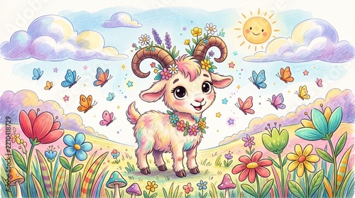 Adorable goat with flowers and butterflies in a colorful landscape  