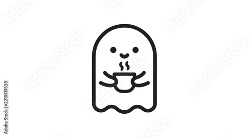 Cute little ghost holding a hot cup of coffee vector illustration for halloween creative design projects