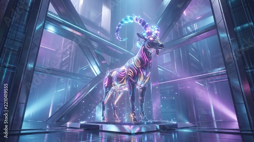 3D metallic ram statue in futuristic neon environment  