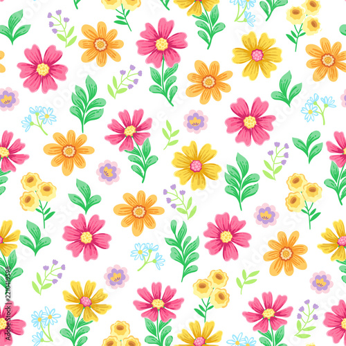 Bright floral vector seamless pattern, colorful blooming big stylized orange, red and yellow flowers and leaves on white background