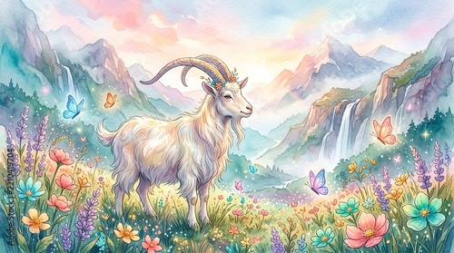 White goat standing in a colorful flower field with butterflies  