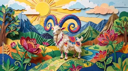 Colorful paper art of a ram in a vibrant mountain landscape  goat