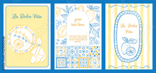 Set of posters featuring designs of blue Italian ceramic tiles, lemons, rosemary, and vintage plates. Mediterranean style vector illustration. Amalfi. Stylish decor for interiors and greeting cards.