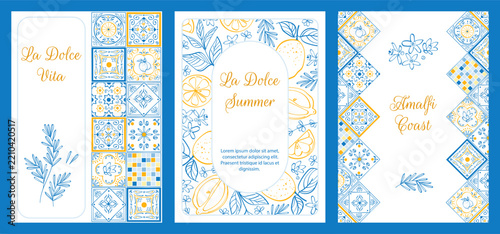 Set of posters featuring designs of Italian blue and white ceramic tiles, lemons, and rosemary sprigs. Mediterranean style vector illustration. Stylish decor for interiors and greeting cards.