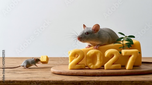 Funny cheese cubes spelling 2027 with a mouse stealing one cube, New Year food photo