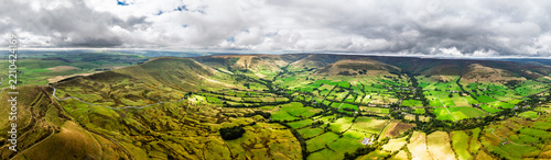 Panorama of Grindslow Knoll from a drone, Hope Valley, Peak District National Park, Derbyshire, High Peak, England, UK