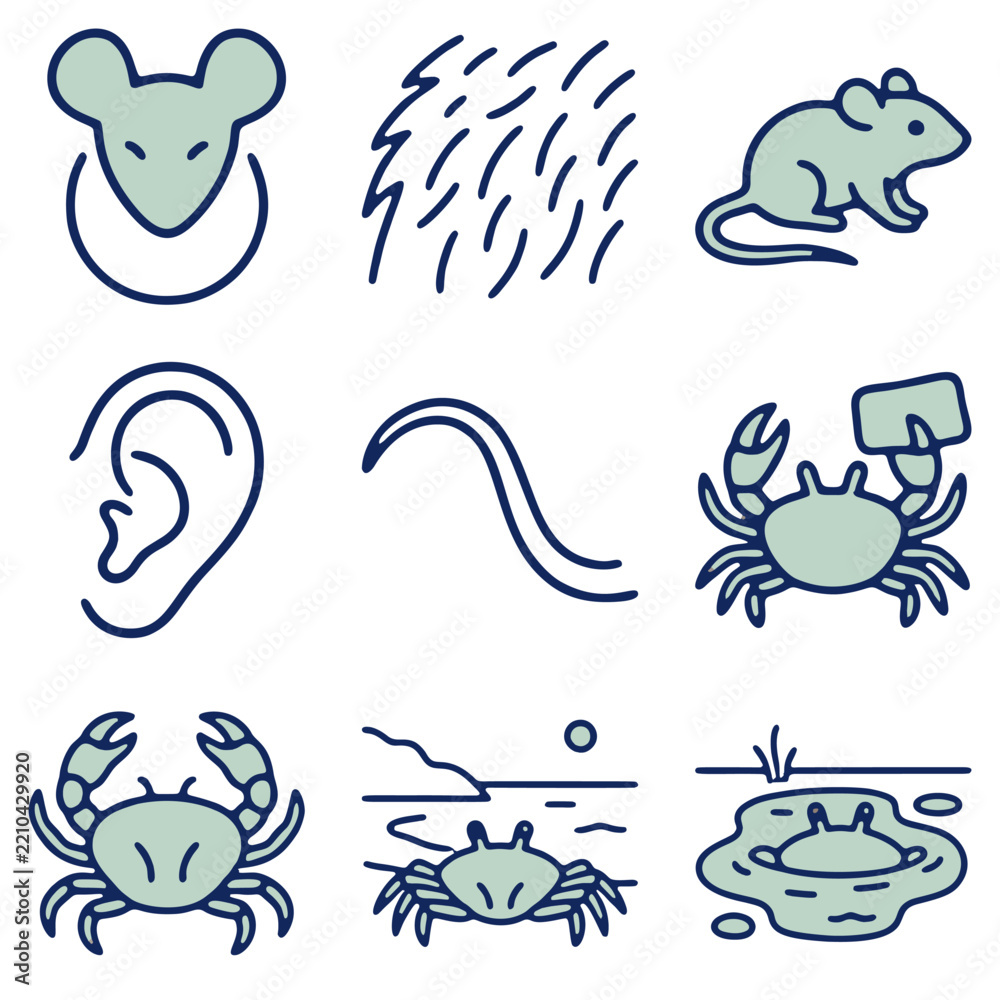 Fototapeta premium Cute Animal Icons: Mouse, Crab, Ear, Worm, Beach Landscape