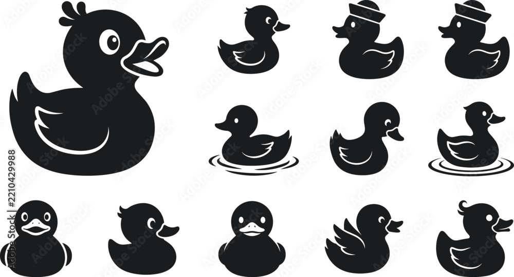 Fototapeta premium Cute rubber duck bath toy black silhouette icons set with sailor hat and swimming ripples vector illustration