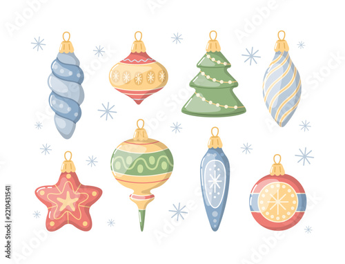 Christmas tree decorations. Set of vintage-style toys, cute elements. Hand drawn Christmas winter toys.