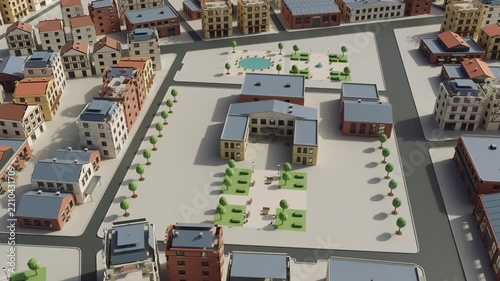 Stylized city assembles building by building.