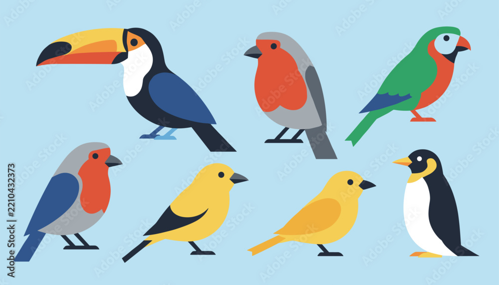 Obraz premium Vector set featuring colorful stylized birds including a toucan parrot robin and penguin on blue.