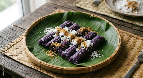 Filipino puto bumbong, several short violet steamed sticky-rice logs with slightly