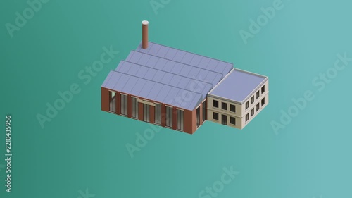 Stylized factory assembles piece by piece.