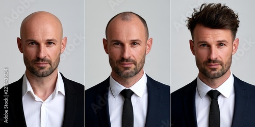 Same man shown in three different ways: in the first instance bald, in the second with hair loss, and in the third with full head of beautiful hair