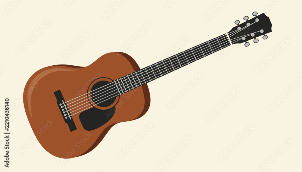 Fototapeta premium Wooden acoustic guitar angled diagonally showcasing its body soundhole and tuning pegs on cream background.