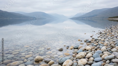 Calm lake water with smooth pebbles on the shoreline under cloudy sky