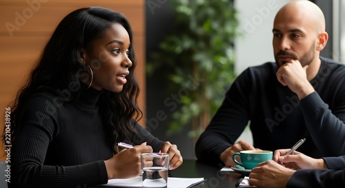 Professional Business Meeting with diverse colleagues discussing project details with coffee and notebooks in a modern office ideal for corporate communication and teamwork articles.