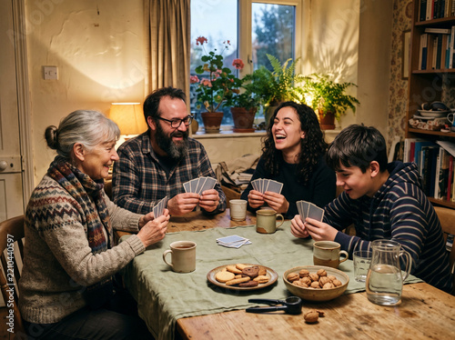 Multi-generational family playing cards and laughing around a table at home. Happy grandmother, parents and teenager enjoying a fun game evening with snacks in a cozy living room
