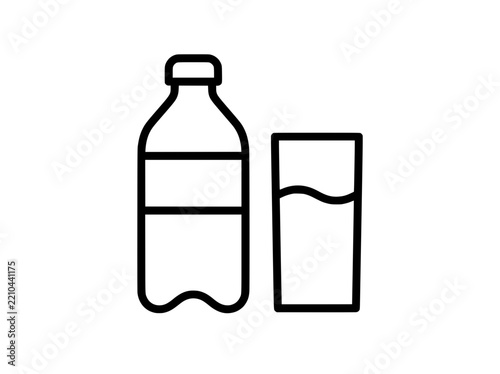 Minimalist water bottle and glass icon, black line art hydration symbol, plastic bottle vector graphic for health app design