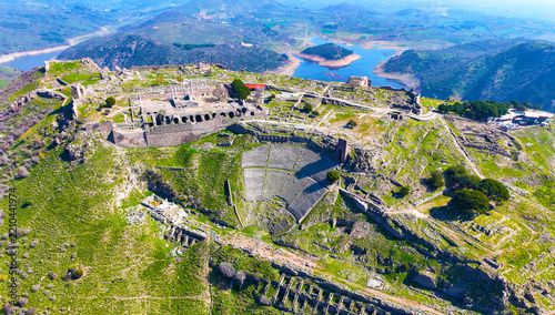 Aerial drone shooting of ancient city of Pergamon acropolis. Izmir - Turkey