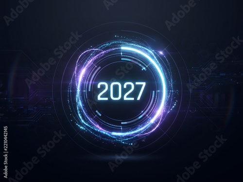Futuristic Digital Interface Displaying Year 2027 with Glowing Abstract Rings on a Dark Background, Symbolizing Technological Advancement and Future Progress