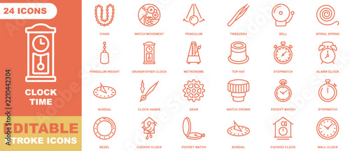 Clock and time sheet with twenty four orange line icons on a white and orange background, displaying various timepieces, and clockmaking tools