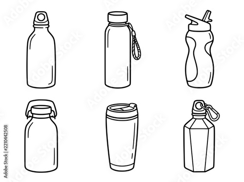 Minimalist water bottle outline icon set, reusable sports flask vector illustration, black line art travel mug and thermo cup graphics