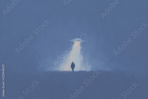 A man standing in the middle of a field with a ufo hovering above him. the sky is visible in the background and there is text at the bottom of the .