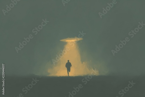 A man standing in the middle of a foggy field with a ufo flying saucer hovering above him. the sky is a deep blue and the man is illuminated by the light of the ufo creating a mysterious and scene.