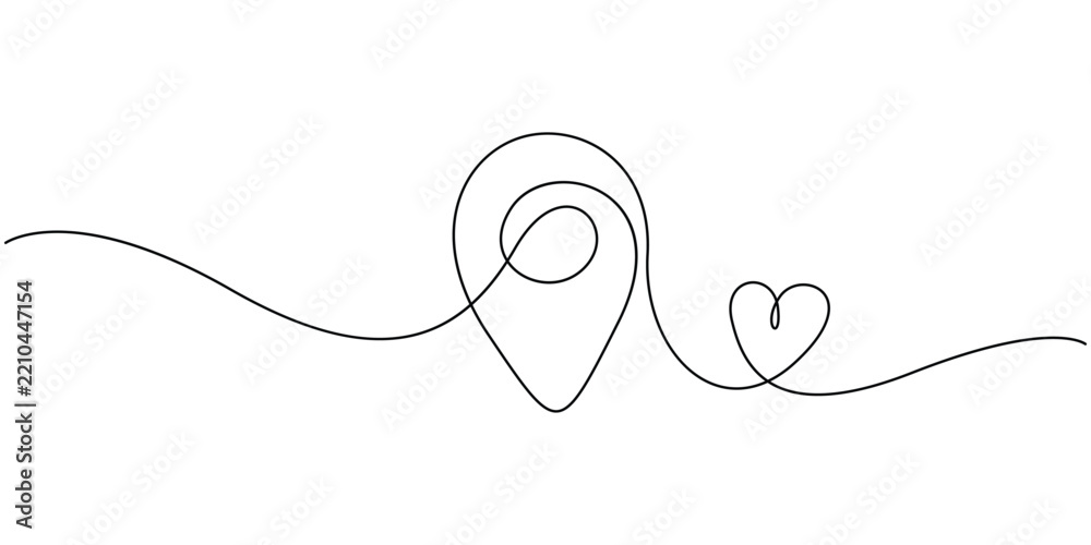 Obraz premium Map pin with heart one line art continuous drawing of location pointer vector illustration