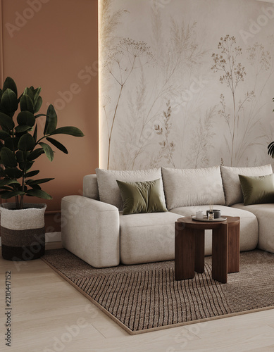 Obraz na plátně Modern living room interior with beige curved sofa, dark wooden coffee table, bo