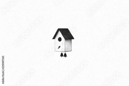 A black and white drawing of a birdhouse on a white background. the birdhouse is drawn in detail with its roof windows and legs clearly visible.