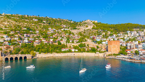 Alanya - Turkey, August 11, 2023, An aerial view of the bay Alanya in Antalya Turkey. Sea and city with an open sky. Kizil Kule - Alanya