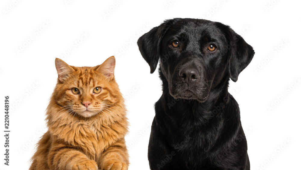 Fototapeta premium Fluffy orange cat and black Labrador dog looking forward, isolated on transparent background