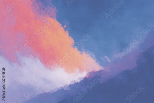 A blue sky with a pink and orange cloud in the middle creating a vivid contrast between the two colors. the sky is a deep blue with white clouds scattered throughout and the sun is shining brightly.