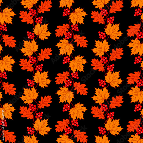 Seamless autumn pattern featuring vibrant maple, oak, and viburnum leaves and berries against a black background. Vector illustration of an autumn pattern.