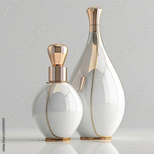 Two white cosmetic bottles with gold accents and caps, displayed on a reflective surface against a light gray