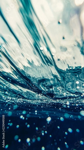 Underwater view of clear blue ocean water surface with light rays and air bubbles rising upwards