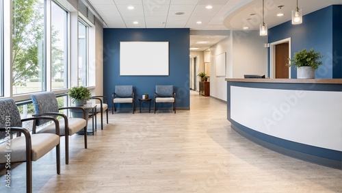 Modern medical clinic waiting room and reception desk. Empty doctor office interior with seating and blank frame mockup